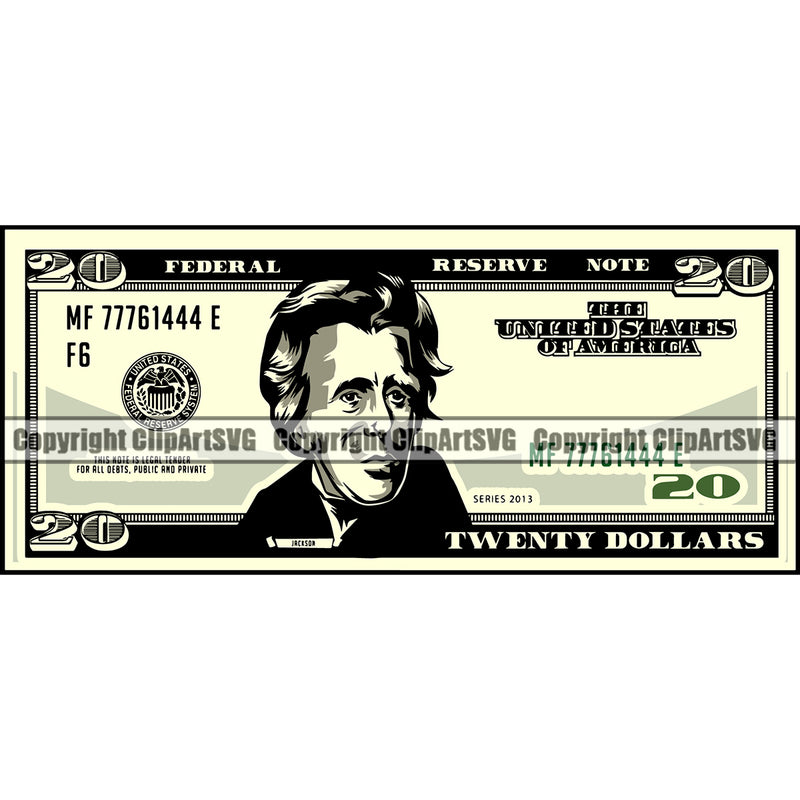 Money Cash Color Design Element Stack Spread 20 Dollar Bill Currency Business Bank Advertising Finance Rich Wealthy Wealth Vector Clipart SVG