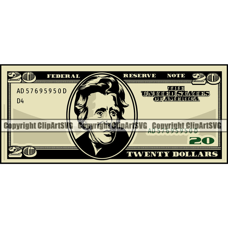 Money Cash Design Color Element 20 Dollar Bill Currency Finance Rich Wealthy Wealth Advertising Advertise Marketing Vector Clipart SVG