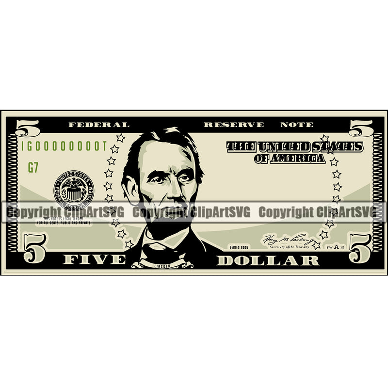 Money Cash Color Design Element Spread 5 Dollar Bill Currency Stack Vector Rich Wealthy Wealth Advertising Advertise Clipart SVG