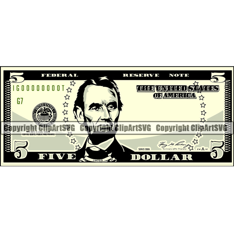 Money Cash Color Design Spread 5 Dollar Bill Currency Stack Bank Finance Rich Wealthy Advertising Advertise Marketing Vector Clipart SVG