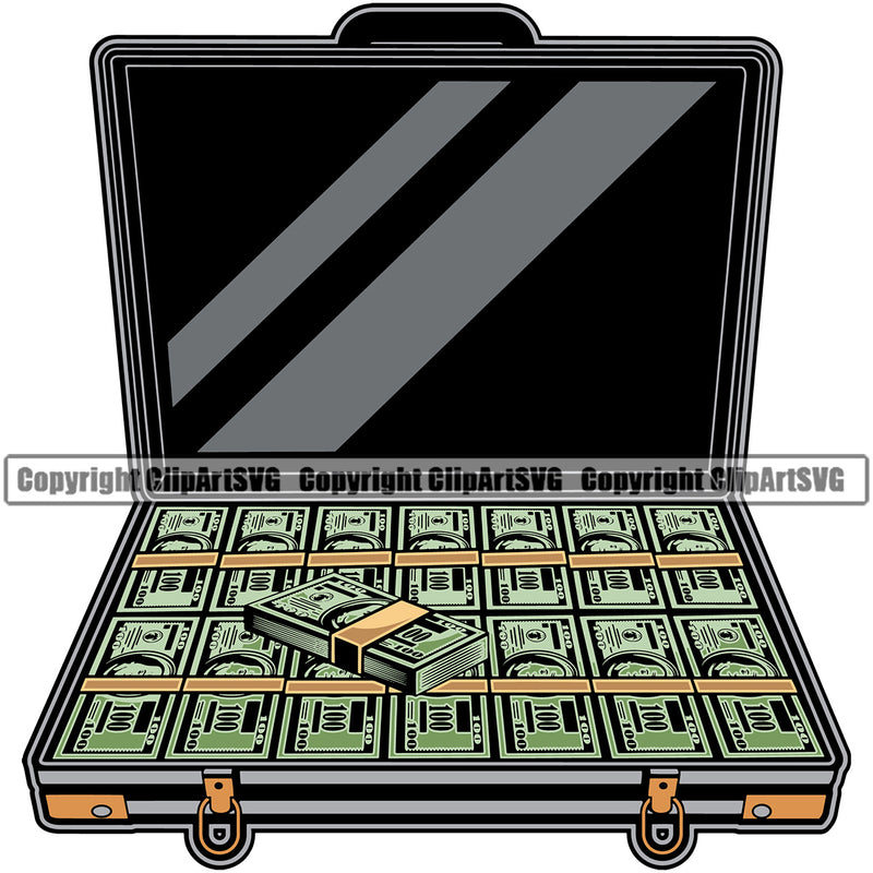 Money Briefcase Design Cash Sack Stack Knot Rubber Band Bundle Brick Spread 100 Dollar Bill Currency Business Bank Finance Rich Wealthy Clipart SVG