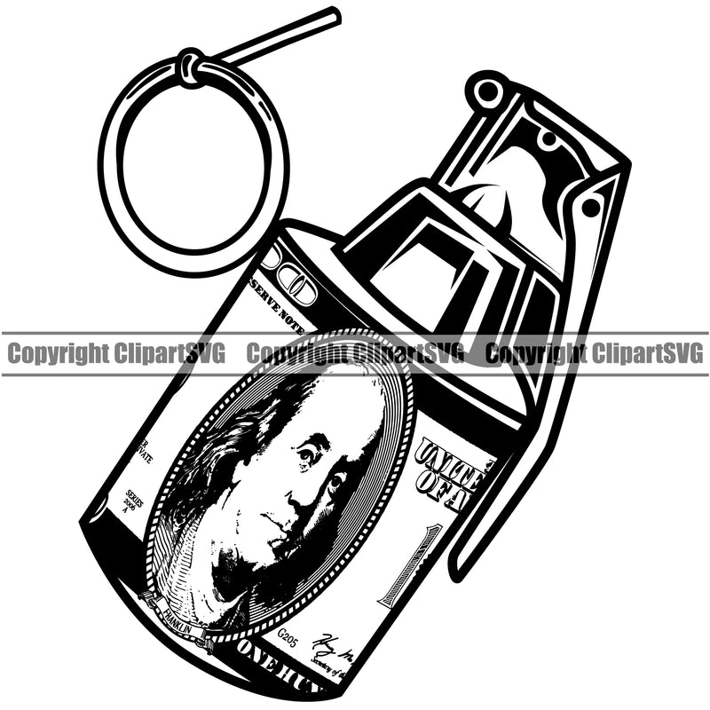 Money With An Grenade Design Cash Stack Knot Roll Rubberband Bundle Brick Spread 100 Dollar Bill Currency Bank Finance Rich Wealthy Wealth Vector Clipart SVG