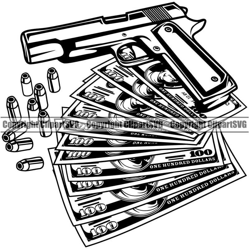 Money With An Gun Design Bundle Brick Spread 100 Dollar Bill Currency Cash Stack Knot Roll Rubberband Finance Rich Wealthy Wealth Advertising Vector Clipart SVG
