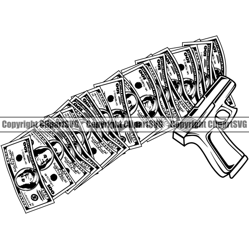 Money With An Gun Design Element Cash Stack Knot Roll Rubberband Bundle Brick Spread 100 Dollar Bill Currency Vector Bank Finance Rich Wealthy Wealth Clipart SVG