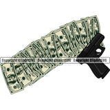 Money With An Gun Color Design Stack Knot Roll Rubberband Bundle Brick Spread 100 Dollar Bill Currency Bank Finance Rich Wealthy Wealth Advertising Vector Clipart SVG