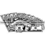 Money With An Gun Bundle Brick Spread 100 Dollar Bill Currency Cash Stack Knot Roll Rubberband Vector Business Bank Finance Rich Wealthy Wealth Clipart SVG