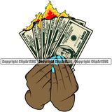 Money In Woman Hand Holding Cash Burn Black African American Female Girl Lady Color Design Spread Business Bank Finance Rich Wealthy Vector Clipart SVG