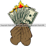 Money In Hand Holding Cash Burn Color Design Element Black African American Bill Currency Knot Vector Business Bank Finance Rich Wealthy Wealth Advertising Clipart SVG