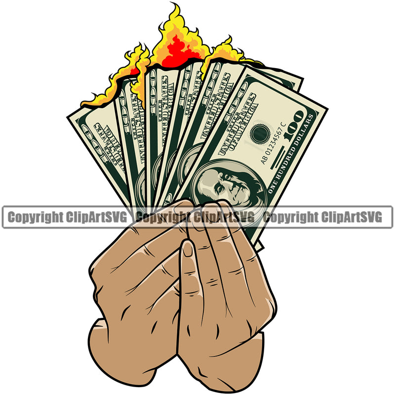Money In Hand Holding Cash Burn Design Element White Caucasian Color Spread Dollar Bill Currency Finance Rich Wealthy Wealth Advertising Clipart SVG