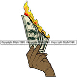 Money In Hand Holding Cash Burn Color Design Bank Finance Rich Black African American Wealthy Wealth Advertising Vector Clipart SVG