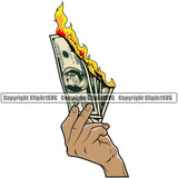 Money In Hand Holding Cash Burn Color Design White Caucasian100 Dollar Bill Currency Stack Knot Bank Finance Rich Wealthy Wealth Clipart SVG