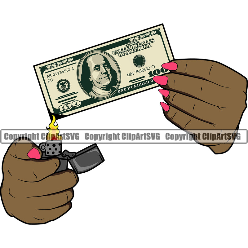 Woman Hand Burn Colorful Design Element Stack Black African American Female Girl Lady Spread Bill Currency Business Bank Finance Rich Vector Clipart SVG