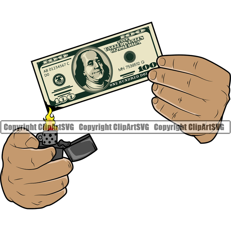 Hand Burn Color Design Money Cash White Caucasian Bundle Brick Spread Bill Currency Business Bank Finance Rich Wealthy Vector Clipart SVG