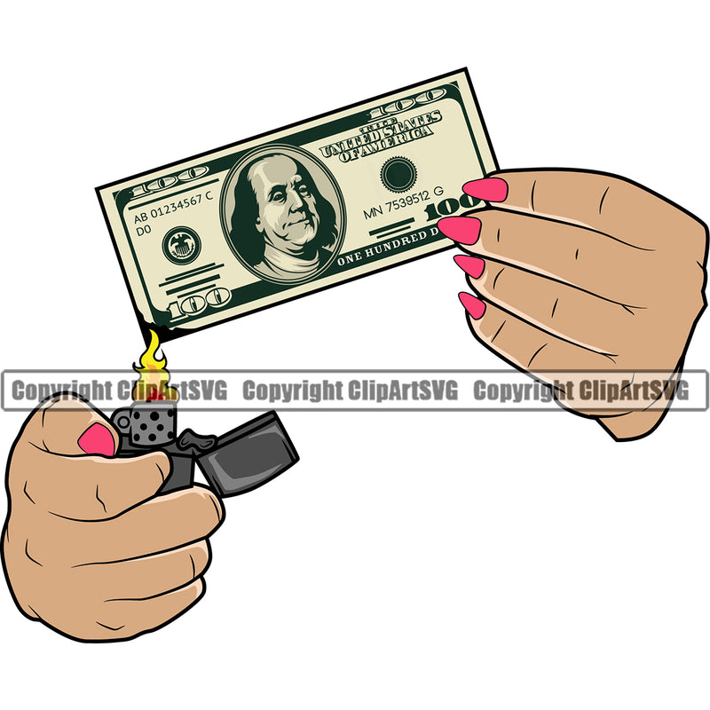 Woman Hand Burn Color Design Element Business Bank White Caucasian Female Girl Lady Finance Rich Wealthy Brick Spread Bill Currency Vector Clipart SVG