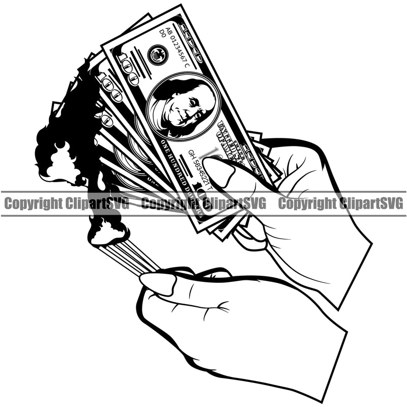 Money In Woman Hand Burn Cash Stack White Caucasian Female Girl Lady Spread Bill Currency Business Bank Finance Rich Vector Clipart SVG