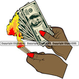 Money In Woman Hand Holding Cash Burn Color Design Female Girl Lady Black African American Bundle Spread Rich Wealthy Wealth Advertising Advertise Vector Clipart SVG