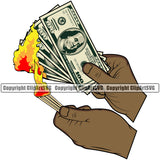 Money In Hand Holding Cash Burn Color Design Black African American Stack Bundle Finance Rich Wealthy Wealth Advertising Vector Clipart SVG