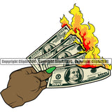 Money In Woman Hand Holding Cash Burn Black African American Color Female Girl Lady Bundle Brick Spread Rich Wealthy Wealth Advertising Advertise Marketing Clipart SVG