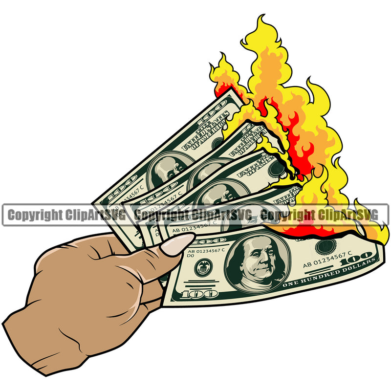 Money In Hand Holding Cash Burn White Caucasian Female Girl Lady Design Element 100 Dollar Bill Currency Vector Rich Wealthy Wealth Advertising Advertise Marketing Clipart SVG
