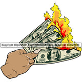 Money In Hand Holding Cash Burn White Caucasian Female Girl Lady Design Element 100 Dollar Bill Currency Vector Rich Wealthy Wealth Advertising Advertise Marketing Clipart SVG
