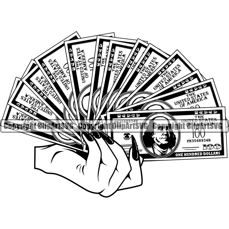 Money In Woman Hand Holding Cash Fan Design Stack White Caucasian Bundle Brick Spread Wealthy Wealth Advertising Advertise Marketing Clipart SVG