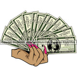 Money In Hand Woman White Caucasian Holding Cash Fan Color Design Element Stack Knot Roll Bundle Brick Business Bank Female Girl Lady Finance Rich Wealthy Wealth Advertising Advertise Vector Clipart SVG