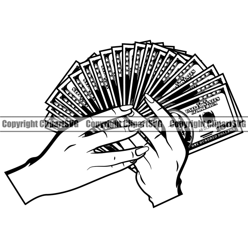 Money In Woman Hand Cash Fan Bundle Brick White Female Girl Lady Caucasian100 Dollar Bill Currency Vector Bank Finance Rich Wealthy Clipart SVG