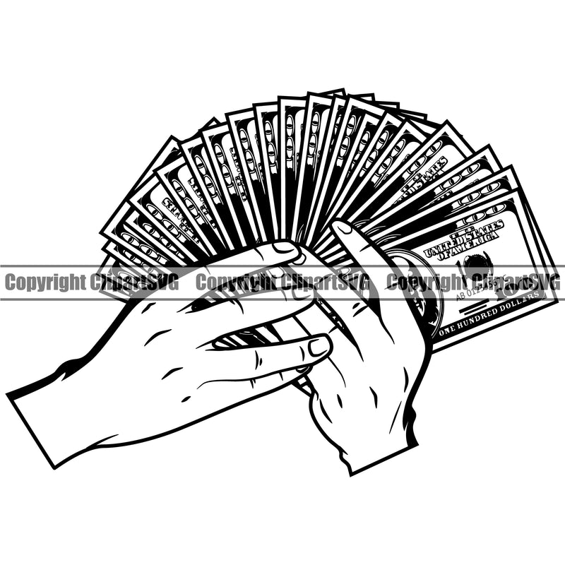 Money In Hand Holding Cash Fan Design Element White Caucasian Roll Bundle Bill Currency Bank Finance Rich Wealthy Wealth Clipart SVG