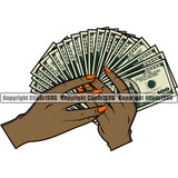 Money In Woman Hand Holding Cash Fan Color Design Element Bundle Female Girl Lady Black African American Brick Spread  Bill Currency Bank Finance Rich Wealthy Wealth Clipart SVG