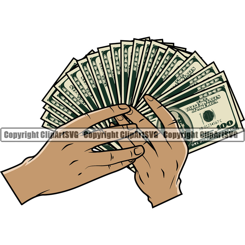 Money In Hand Holding Cash Fan Color Design  White Caucasian Bank Finance Rich Wealthy Wealth Advertising Stack Bundle Brick Vector Clipart SVG