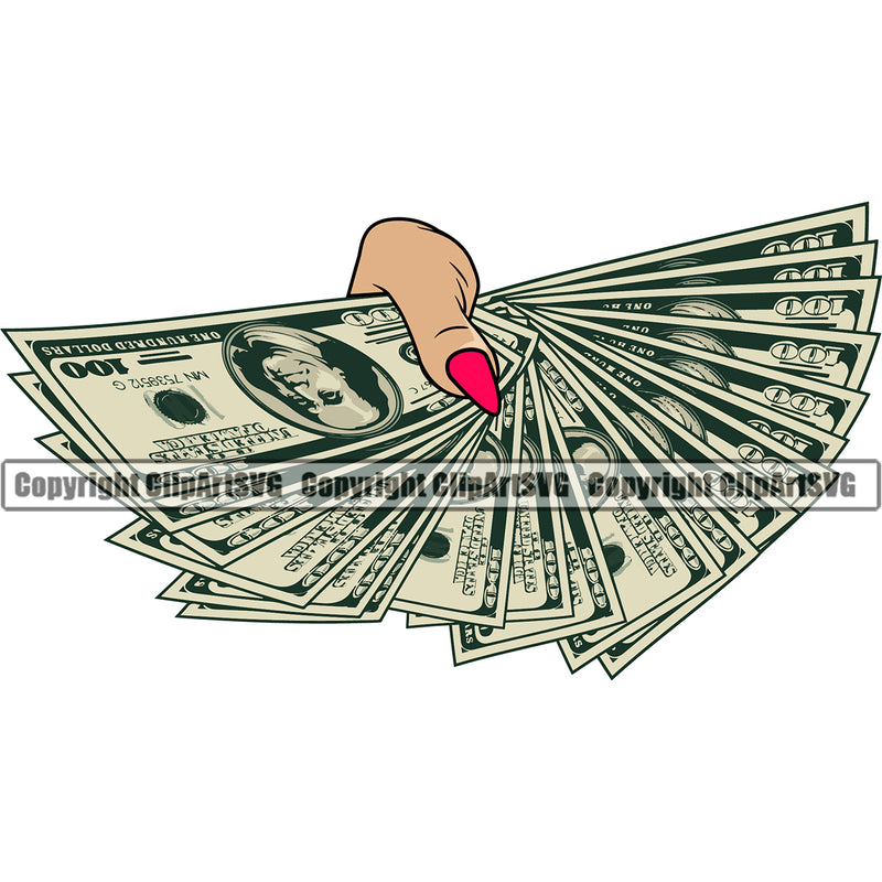 Money In Woman Hand Holding White Caucasian Female Girl Lady Cash Fan Design Element Stack Knot Roll Bundle Brick Spread Business Bank Finance Rich Wealthy Clipart SVG