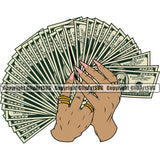 Money In Hand Holding Cash Fan Color Design Finance Rich White Caucasian Wealthy Wealth Advertising Stack Knot Roll Rubberband Bundle Brick Clipart SVG