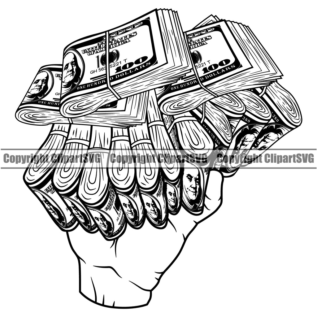 Money In Hand Holding Cash Knot Roll White Caucasian Rubber Band Bundle Brick Spread 100 Dollar Bill Currency  Business Bank Finance Rich Clipart SVG