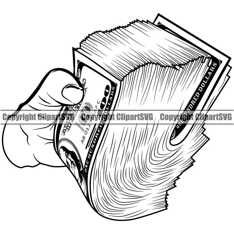 Money In Hand Holding Cash Knot Roll Bundle Brick White Caucasian Male Boy Spread 100 Dollar Bill Currency Bank Finance Rich Vector Clipart SVG