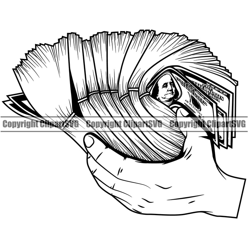 Money In Hand Holding Cash Design Rubber Band Bundle Brick White Caucasian Spread 100 Dollar Bank Finance Rich Wealthy Wealth Clipart SVG