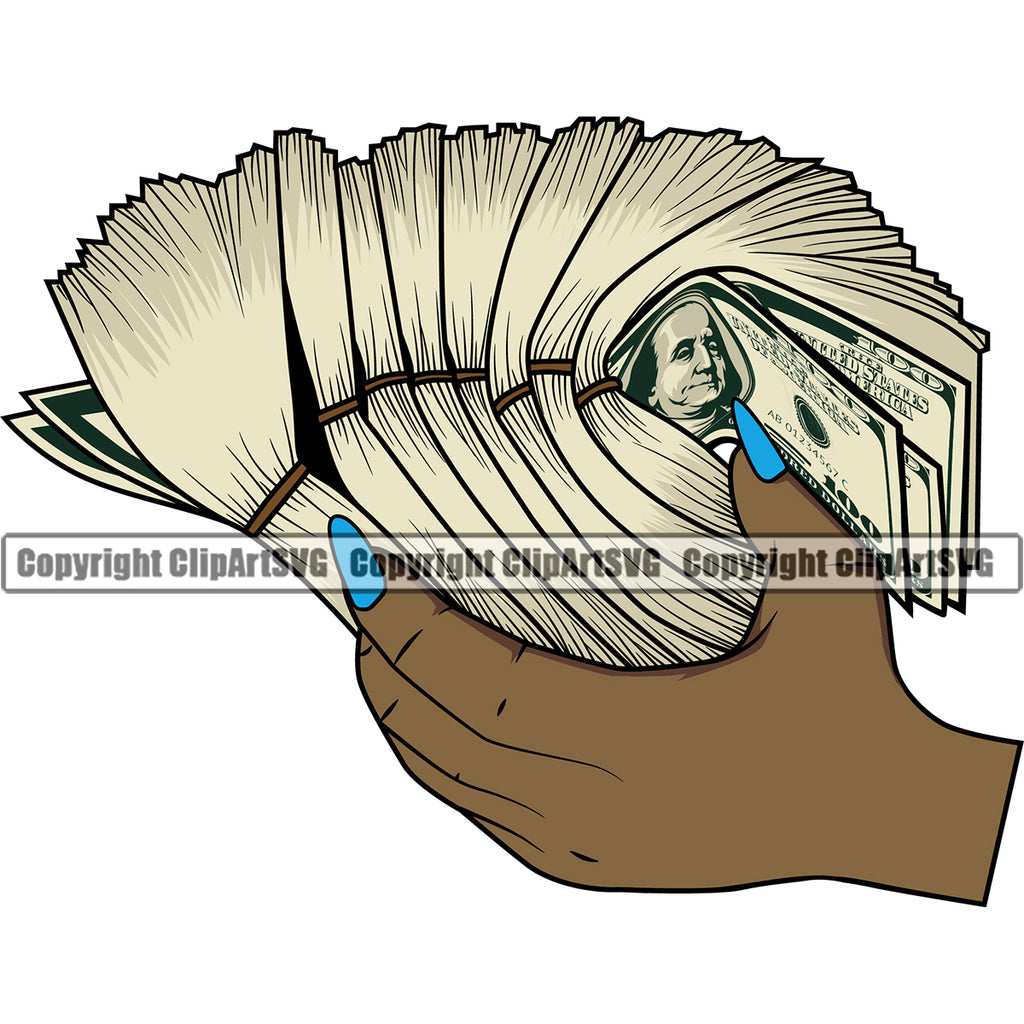 Money In Hand Holding Cash Color Design Black African American Stack Female Girl Lady Rubber Band Bundle Brick Spread 100 Dollar Bill Currency Vector Clipart SVG
