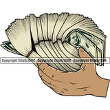 Money In Hand Holding Cash Color Design White Caucasian Rubber Band Bundle Brick Spread 100 Dollar Bill Currency Advertising Advertise Marketing Clipart SVG