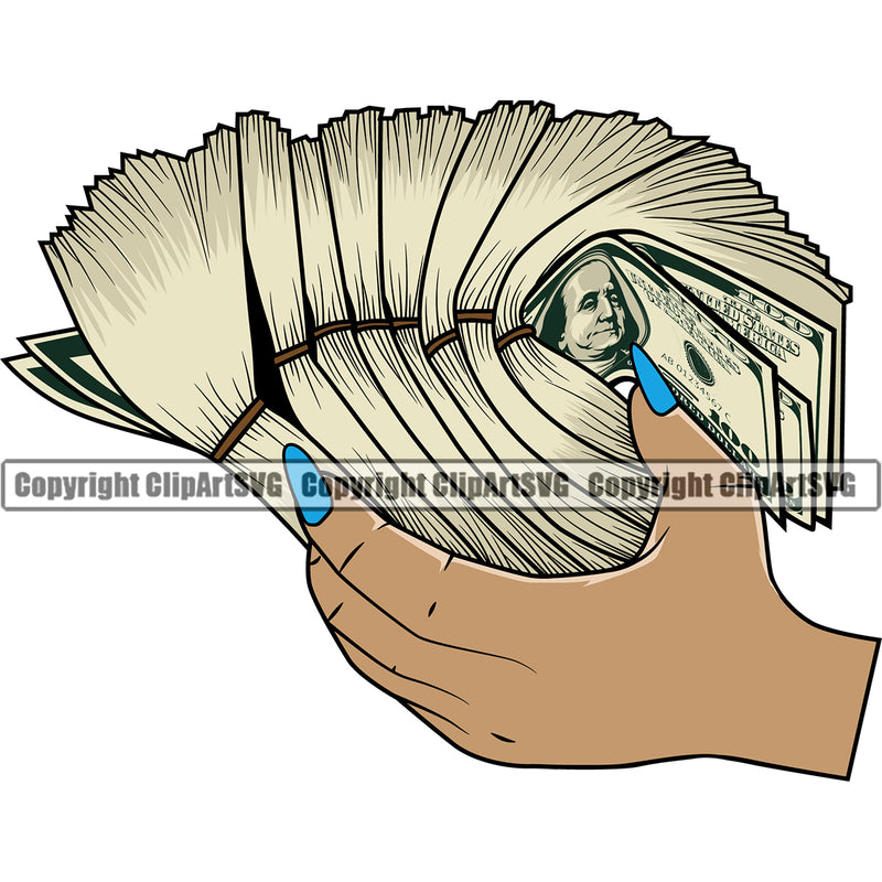 Money In Woman White Caucasian Hand Holding Cash Rubber Band Female Girl Lady Bundle Brick Spread 100 Dollar Color Design Business Bank Finance Rich Wealthy Clipart SVG