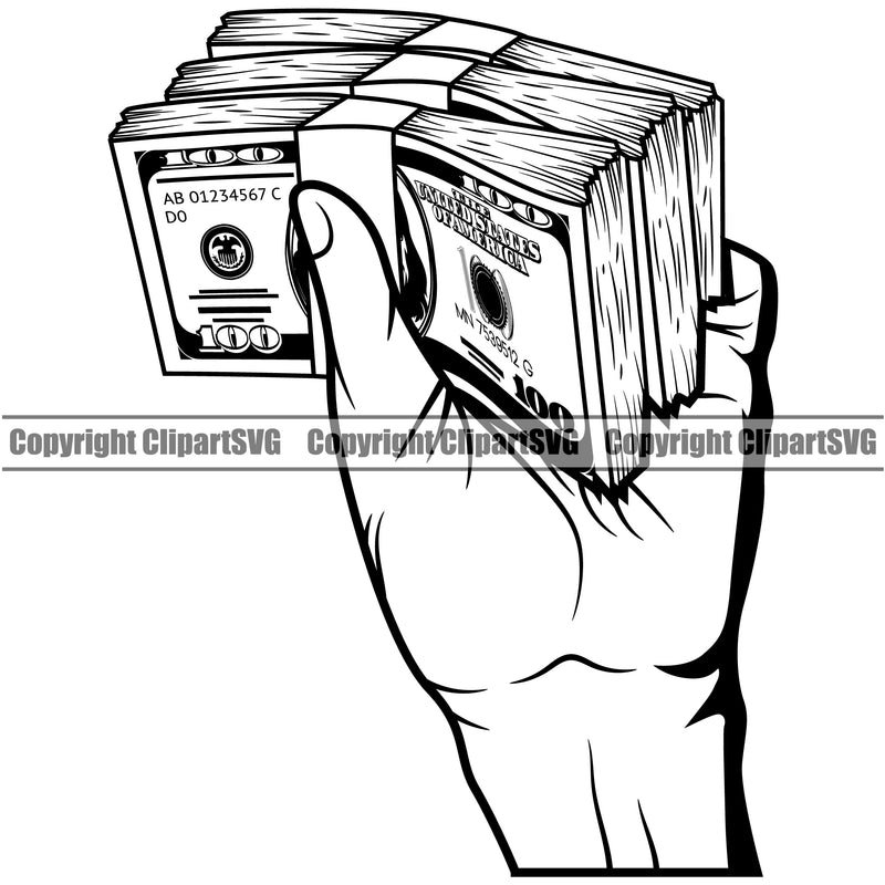 Money In Hand Holding Cash Design Element Rubber Band Knot Bundle Brick Spread Wealthy Wealth Advertising Advertise Rich Vector Clipart SVG