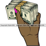 Money In Woman Black African American Hand Holding Cash Colorful Female Girl Lady Design Rubber Band Bundle Brick Spread 100 Dollar Bill Business Bank Finance Rich Wealthy Wealth Clipart SVG