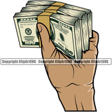 Money In Hand Holding Cash White Caucasian Rubber Band Color Design Stack Bundle Brick Spread 100 Dollar Bill Currency Vector Bank Finance Rich Wealthy Wealth Clipart SVG