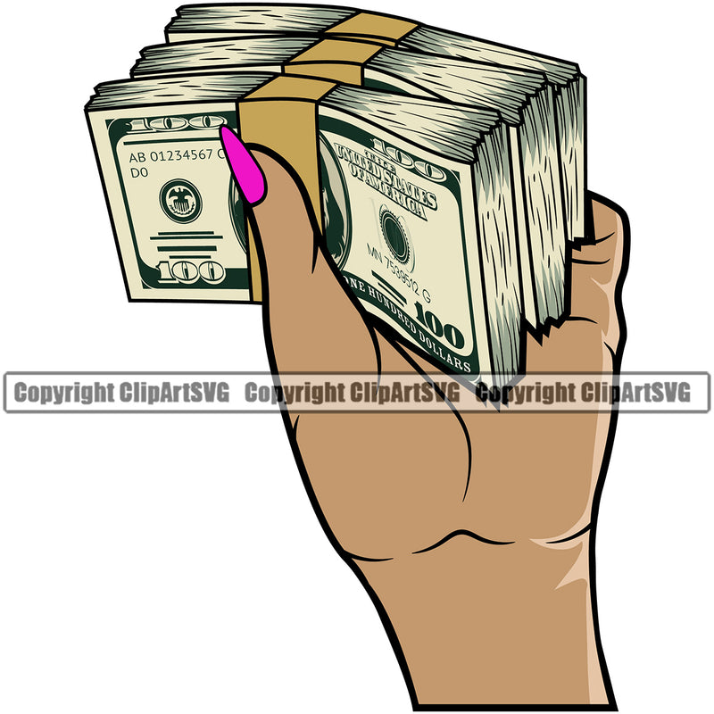 Money In Woman Hand Holding Cash White Caucasian Design Element Stack Female Girl Lady Bundle Brick Spread 100 Dollar Bill Wealthy Wealth Advertising Clipart SVG