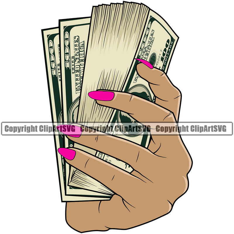 Money In Women Hand Holding Cash Female Color Design Bundle Spread Business Bank Rich Wealthy Wealth Clipart SVG
