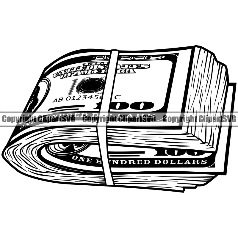 Money Knot Cash Stack Rubber Band Roll Bundle Spread 100 Dollar Bill Currency Business Bank Finance Rich Wealthy Wealth Advertising Vector Clipart SVG