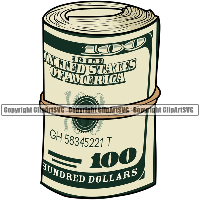 Money Cash Roll Design Stack Knot Roll Bundle Rubber Band Spread 100 Dollar Bill Currency Advertising Advertise Marketing Wealth Rich Wealthy Clipart SVG