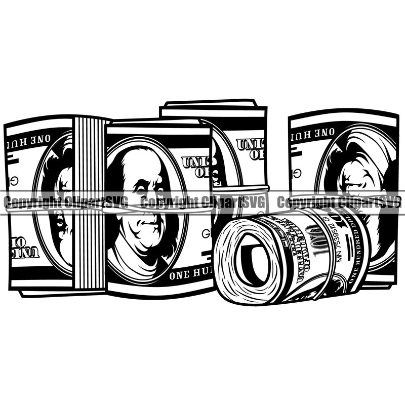 Money Roll Cash Design Element Rubber Band Stack Knot Roll Bundle Spread 100 Dollar Bill Currency Bank Finance Rich Wealthy Wealth Advertising Advertise Clipart SVG