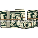 Money Cash Roll Design Stack Knot Roll Bundle Spread 100 Dollar Bill Currency Rubber Band Bank Finance Rich Wealthy Wealth Advertising Clipart SVG
