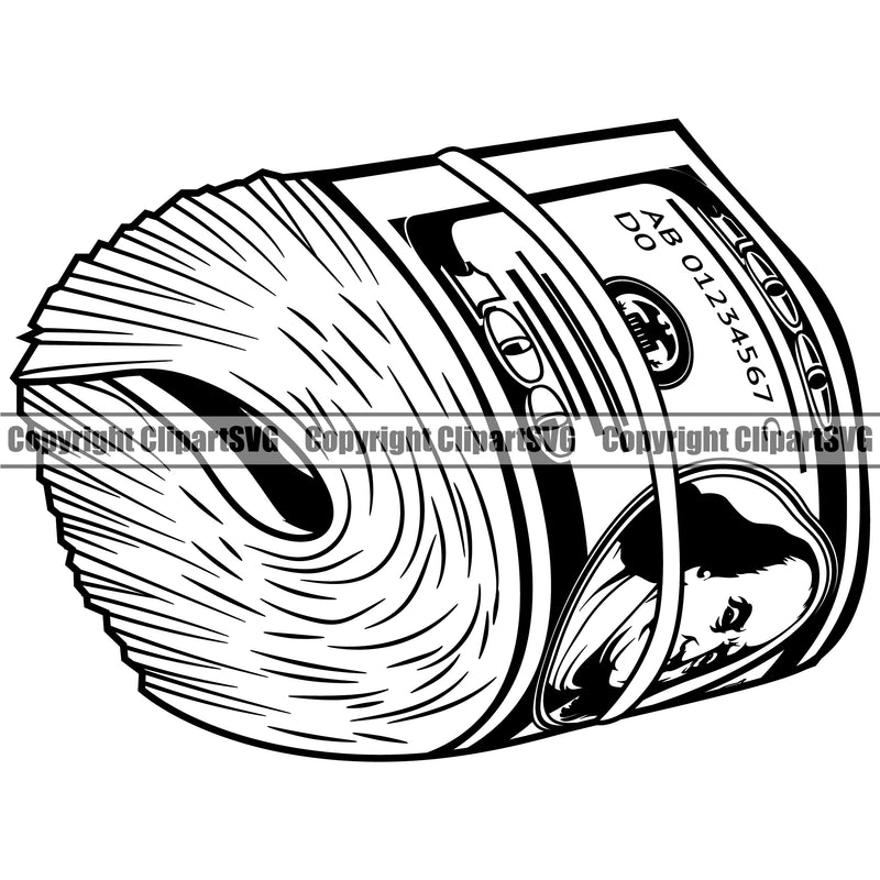 Money Roll Design Cash Stack Knot Roll Bundle Rubber Band Spread 100 Dollar Bill Currency Business Bank Finance Rich Wealthy Advertise Marketing Vector Clipart SVG