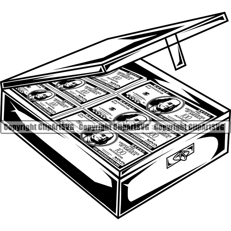 Money With An Safe Box Design Element Cash Stack Knot Roll Rubberband Bundle Brick Spread 100 Dollar Bill Currency Rich Wealthy Wealth Advertising Advertise Vector Clipart SVG