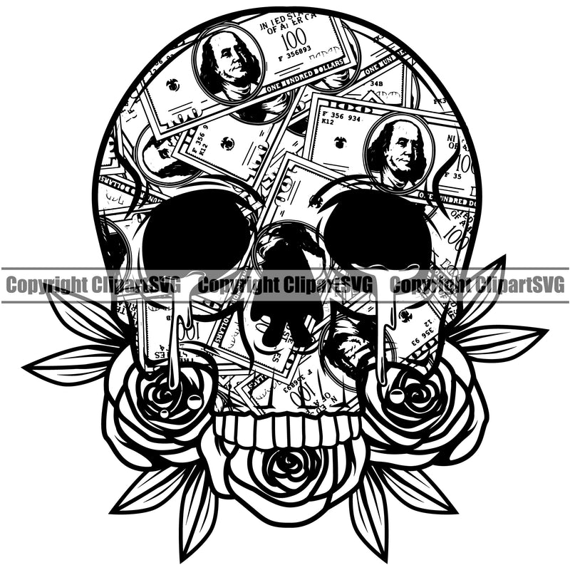 Money Cash Skull Head Skeleton Face Eyes Money Cash Stack Knot Roll Rubberband Bundle Brick Spread 100 Dollar Bill Currency